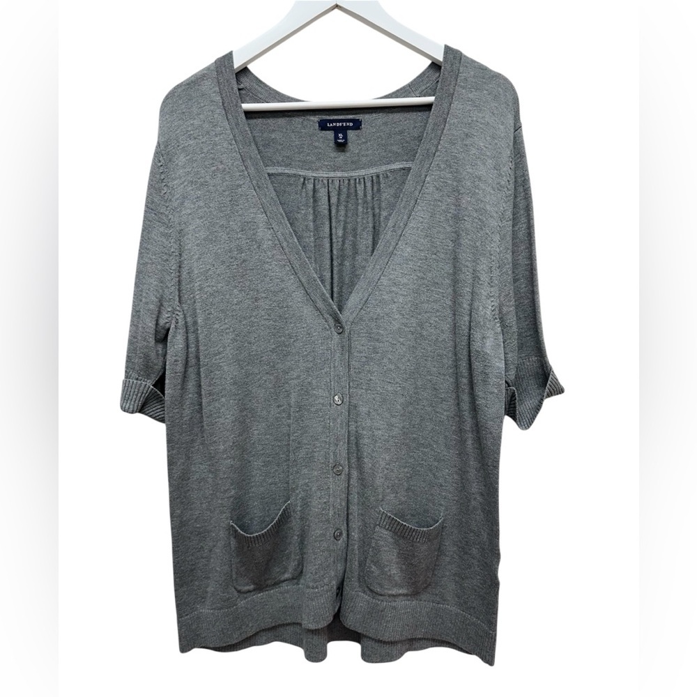 Lands' End Women’s Sz XL 18 Cardigan Sweater Pockets Gray Fine Gauge Knit